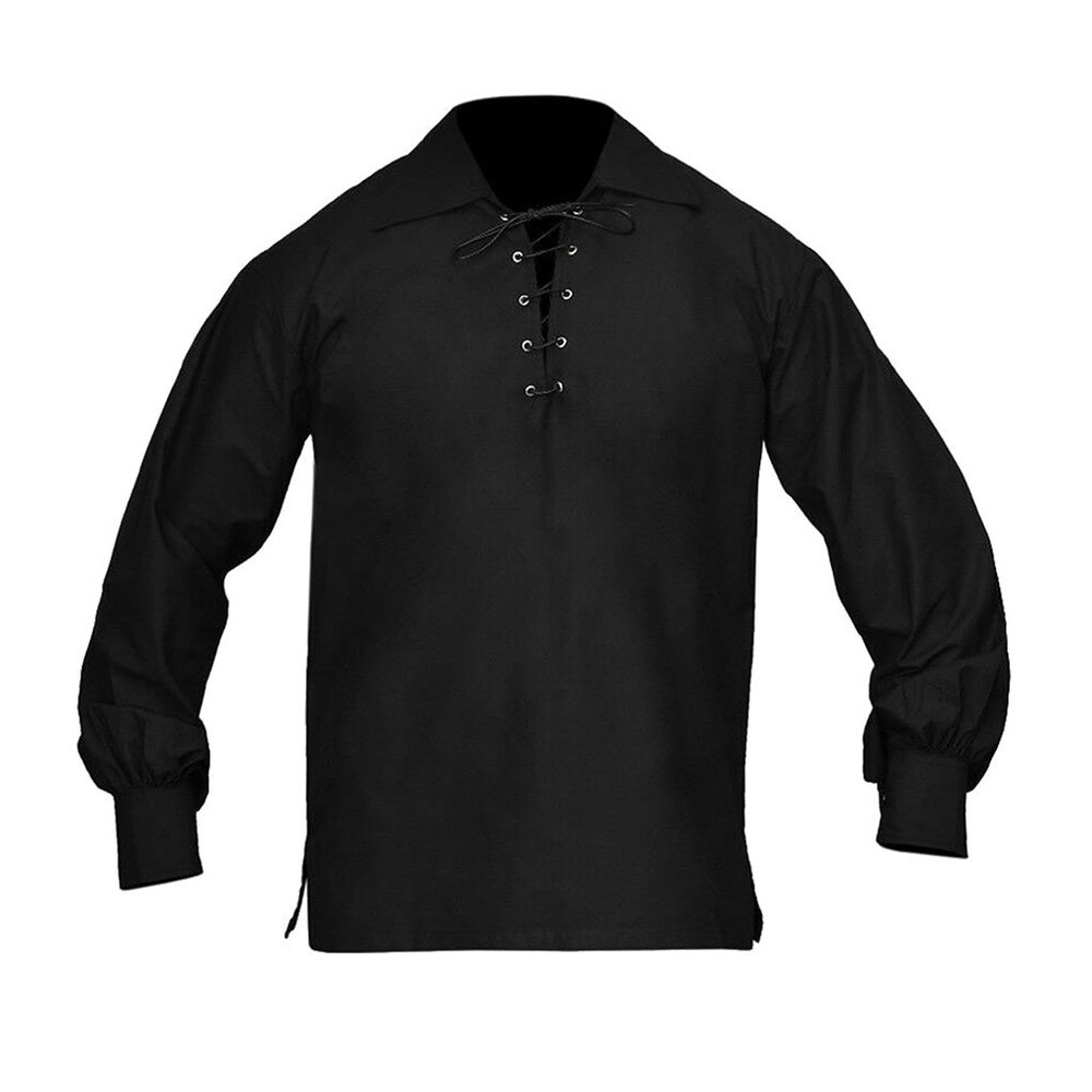 Mens Black Jacobite Ghillie Shirt Scottish Highland Lace Up Shirt Size Medium